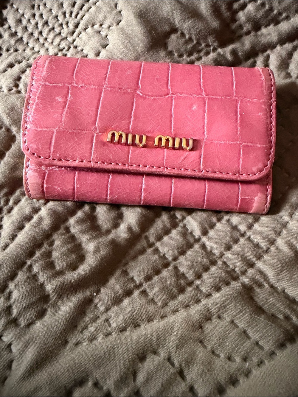 Miu Miu Light Pink Leather Croc-Embossed Key & Card Holder